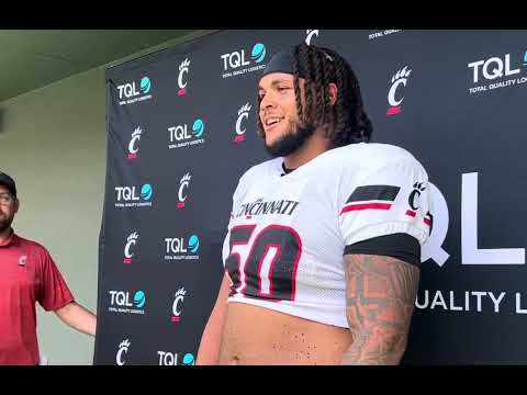 Bearcats All-American OL Evan Tengesdahl talks to the media after practice No. 3